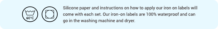 Iron-on label application information on a blue background